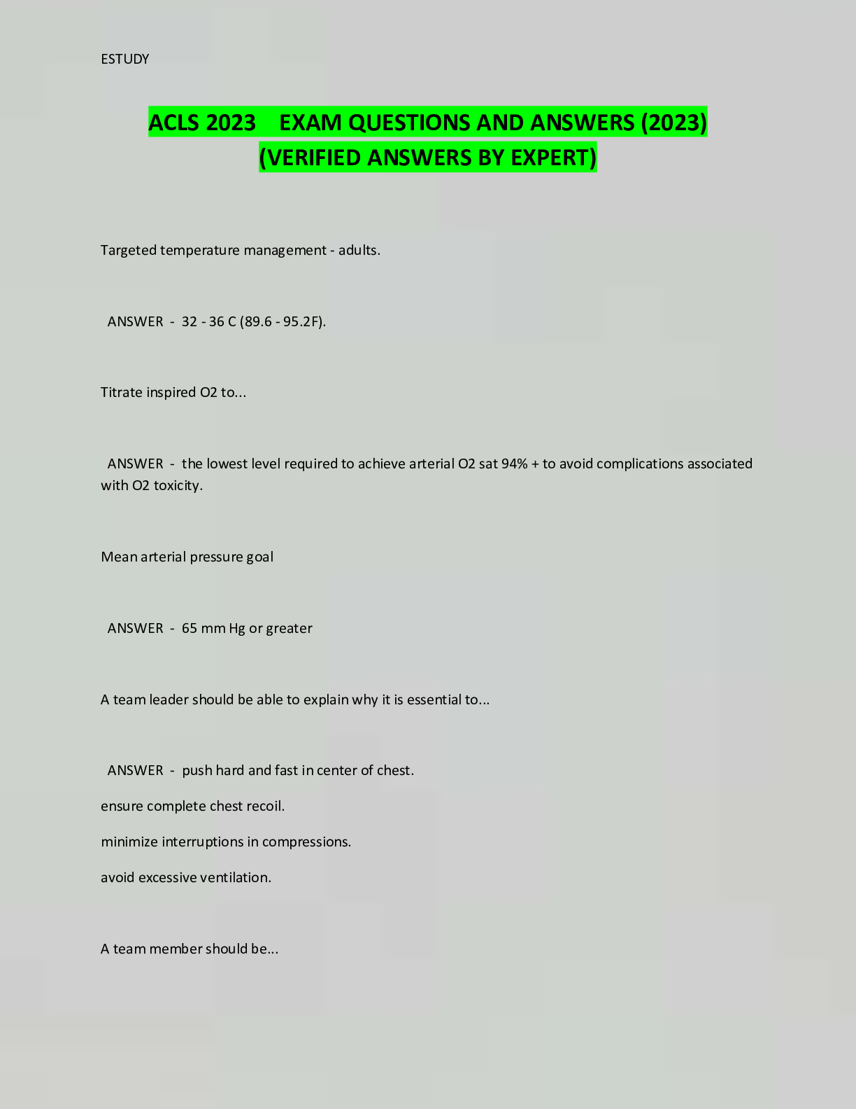 Preview of ACLS 2023 EXAM QUESTIONS AND ANSWERS (2023)  (VERIFIED ANSWERS BY EXPERT)